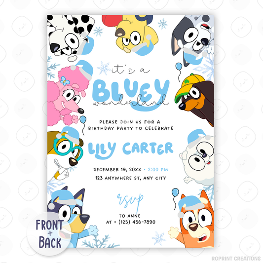 Celebrate the holidays with Bluey and friends! This editable Christmas birthday invitation features a festive winter design—customize in Canva, then print or share digitally for a fun kids’ party. Instant download.