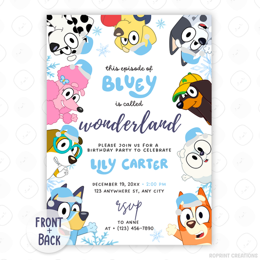Celebrate the holidays with Bluey and friends! This editable Christmas birthday invitation features a festive winter design—customize in Canva, then print or share digitally for a fun kids’ party. Instant download.