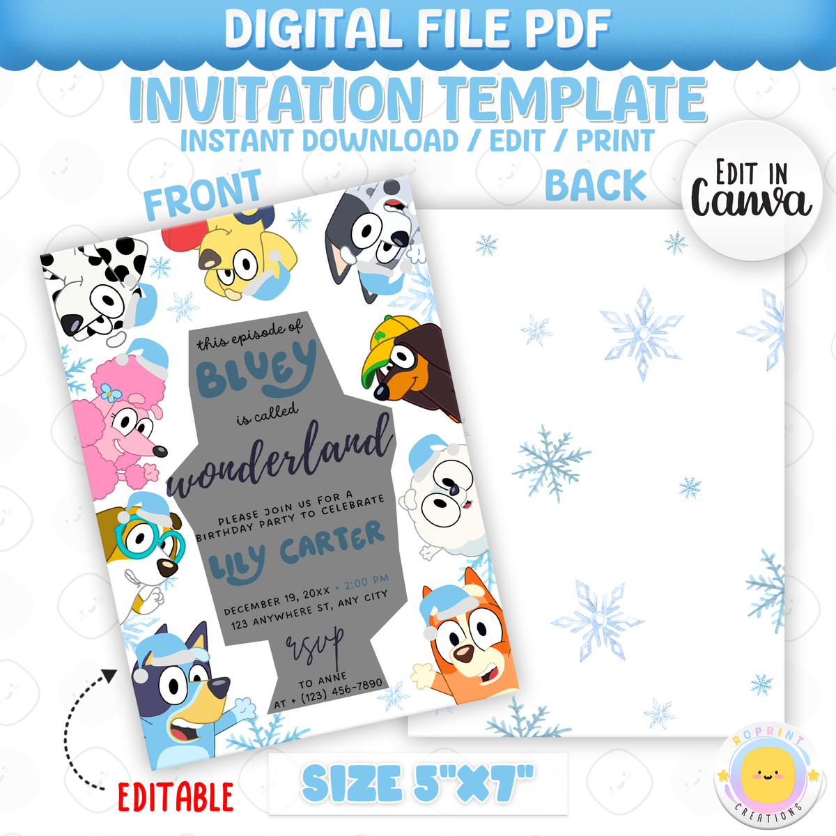 Celebrate the holidays with Bluey and friends! This editable Christmas birthday invitation features a festive winter design—customize in Canva, then print or share digitally for a fun kids’ party. Instant download.