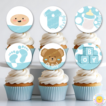 Digital printable boy baby shower cupcake toppers, perfect for decorating treats at a baby shower celebration.