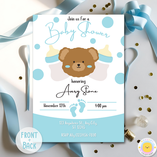 Digital printable baby shower invitation for boys, featuring a charming and customizable design.