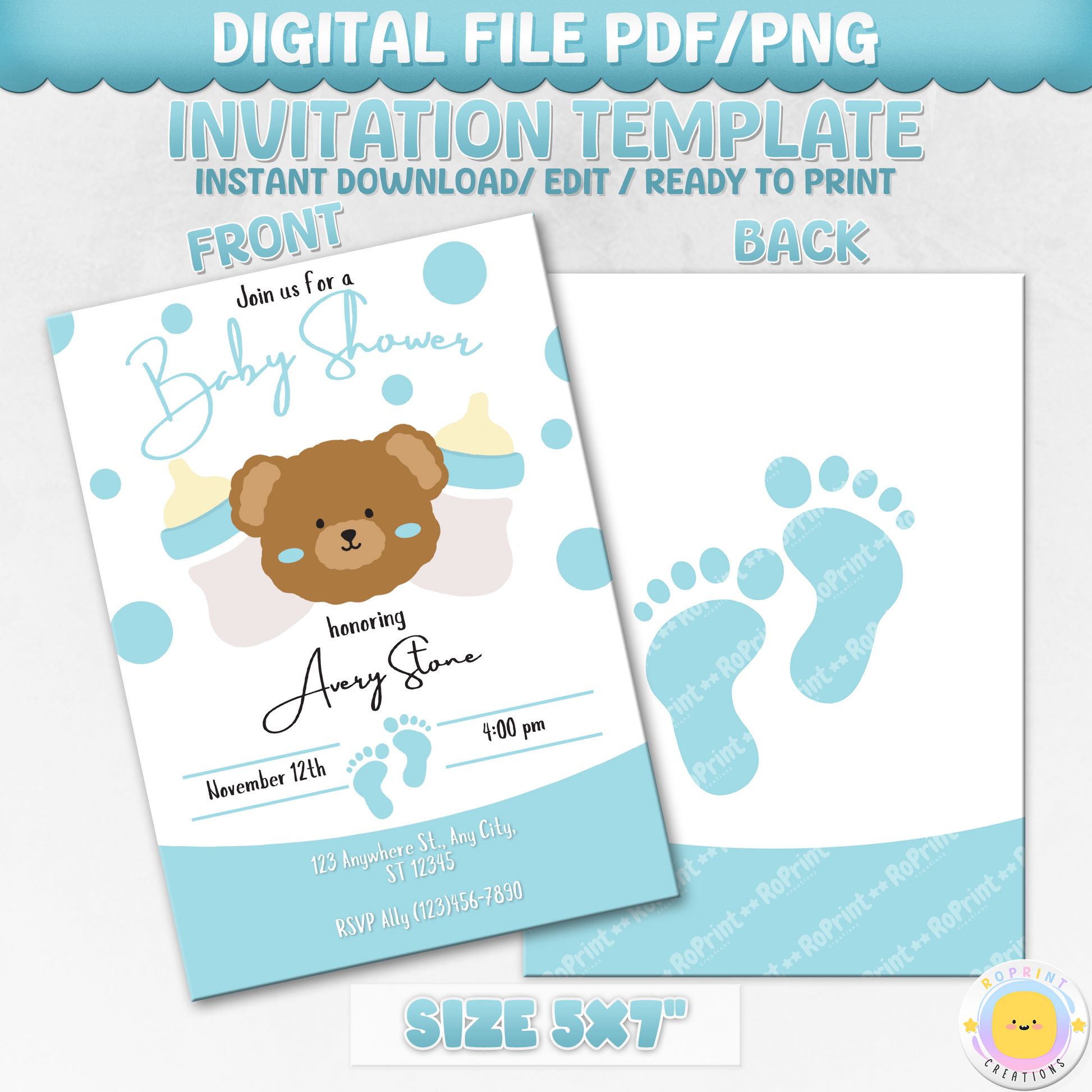 Digital printable baby shower invitation for boys, featuring a charming and customizable design.