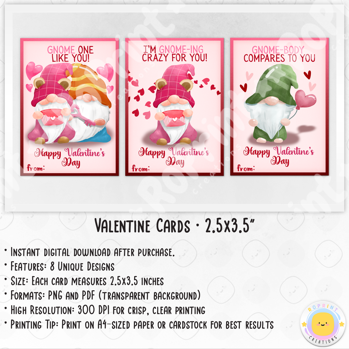 Gnomes Valentine Cards - Printable Kids Valentine's Day Cards