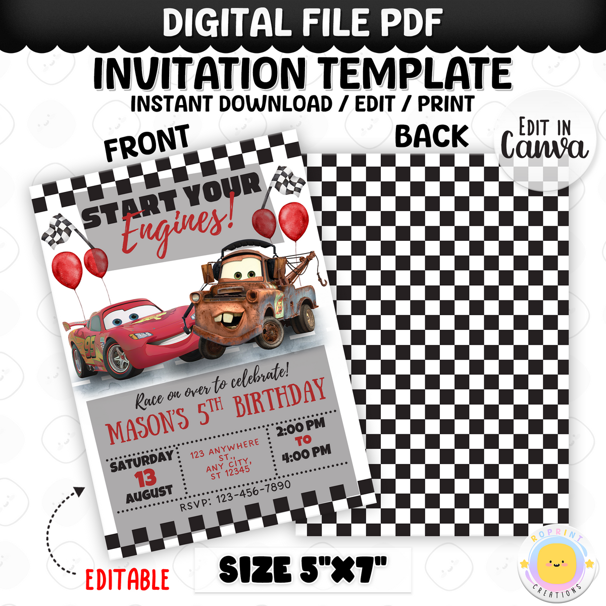 Rev up the fun with this Lightning McQueen Cars Birthday Invitation!
Perfect for any little racer’s special day, this editable and printable invite features bold colors, race car graphics, and a high-energy design inspired by the beloved Lightning McQueen. Personalize it in minutes and get the party started fast! Instant download.