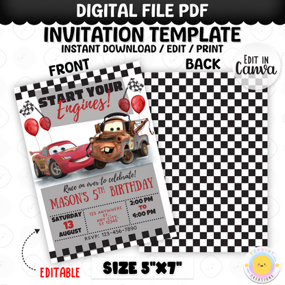 Rev up the fun with this Lightning McQueen Cars Birthday Invitation!
Perfect for any little racer’s special day, this editable and printable invite features bold colors, race car graphics, and a high-energy design inspired by the beloved Lightning McQueen. Personalize it in minutes and get the party started fast! Instant download.