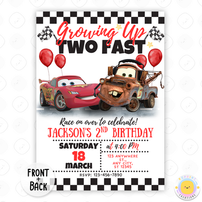 Cars Birthday Invitation - Lightning McQueen Two Fast 2nd Birthday Party Invite Printable Template
Celebrate your little racer’s big day with this Lightning McQueen "Two Fast" birthday invitation! Perfect for a Cars-themed 2nd birthday party, this editable and printable template features fun racing graphics, bold colors, and everyone's favorite speedster. Personalize it easily and send it out in a flash! Instant download.