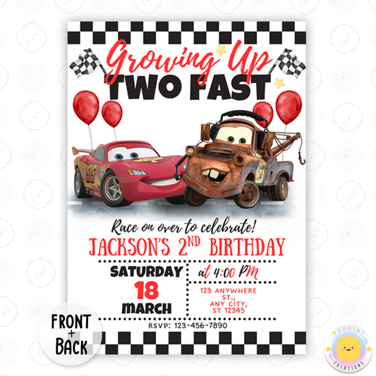 Cars Birthday Invitation - Lightning McQueen Two Fast 2nd Birthday Party Invite Printable Template
Celebrate your little racer’s big day with this Lightning McQueen "Two Fast" birthday invitation! Perfect for a Cars-themed 2nd birthday party, this editable and printable template features fun racing graphics, bold colors, and everyone's favorite speedster. Personalize it easily and send it out in a flash! Instant download.