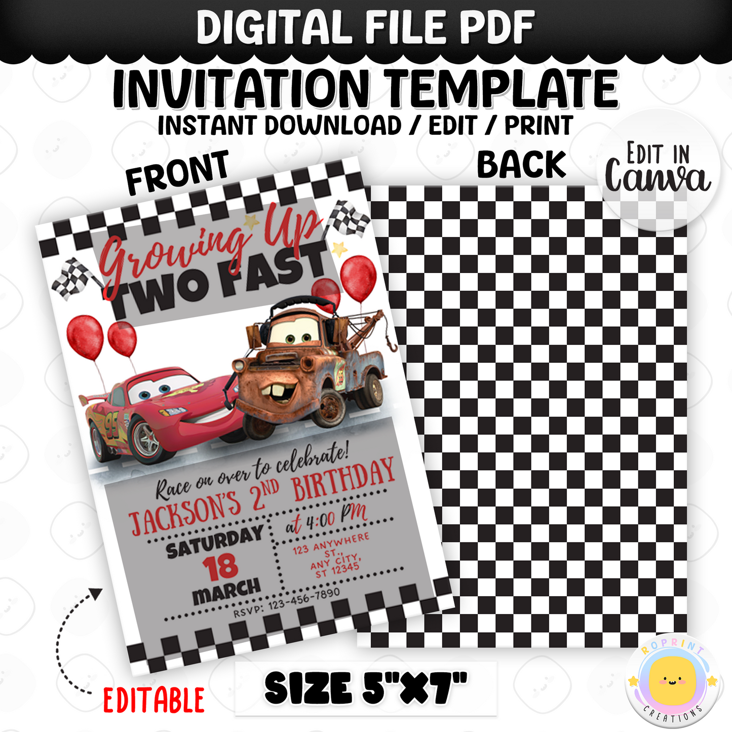Cars Birthday Invitation - Lightning McQueen Two Fast 2nd Birthday Party Invite Printable Template
Celebrate your little racer’s big day with this Lightning McQueen "Two Fast" birthday invitation! Perfect for a Cars-themed 2nd birthday party, this editable and printable template features fun racing graphics, bold colors, and everyone's favorite speedster. Personalize it easily and send it out in a flash! Instant download.