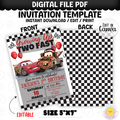 Cars Birthday Invitation - Lightning McQueen Two Fast 2nd Birthday Party Invite Printable Template
Celebrate your little racer’s big day with this Lightning McQueen "Two Fast" birthday invitation! Perfect for a Cars-themed 2nd birthday party, this editable and printable template features fun racing graphics, bold colors, and everyone's favorite speedster. Personalize it easily and send it out in a flash! Instant download.