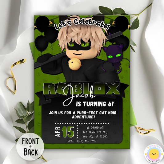 Digital printable birthday invitation template inspired by Roblox and Cat Noir, ideal for a unique themed celebration.