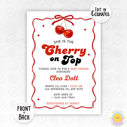 Cherry On Top Baby Shower Invitation - Retro Chery on Top Invite Canva Template