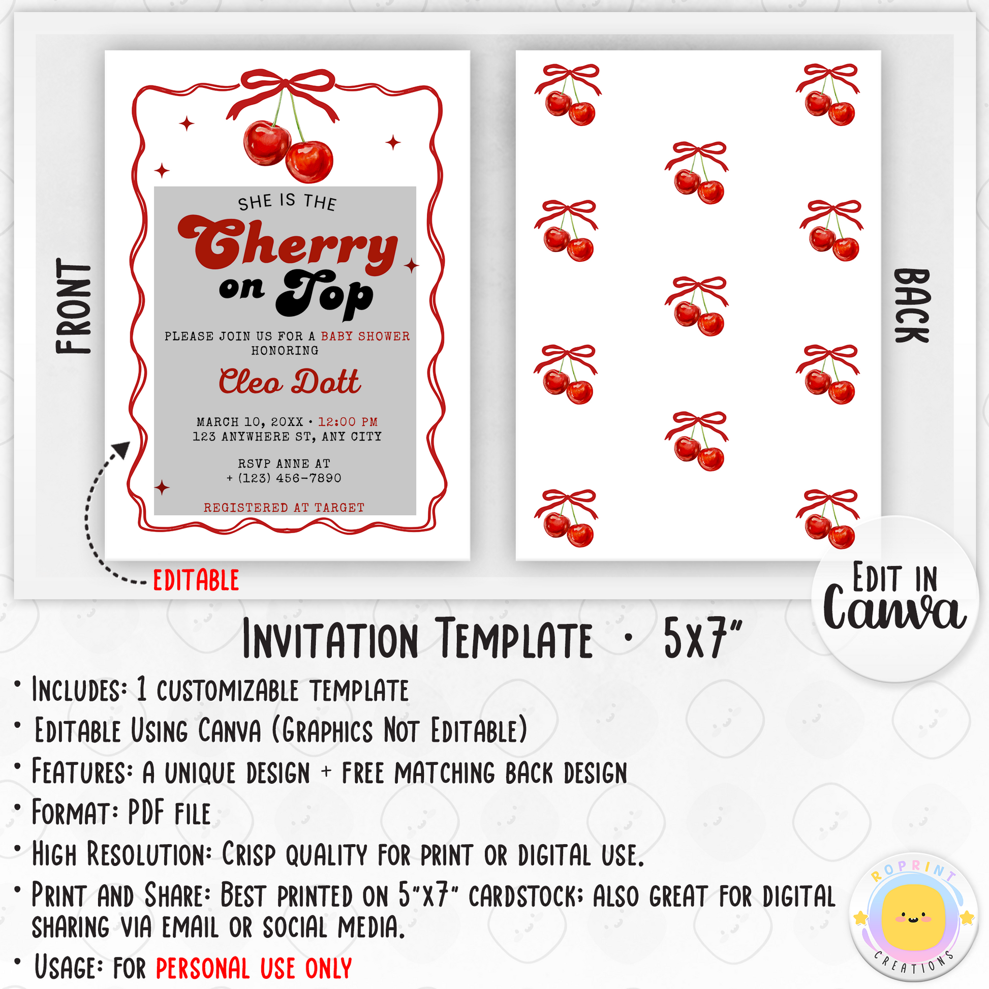 Cherry On Top Baby Shower Invitation - Retro Chery on Top Invite Canva Template info