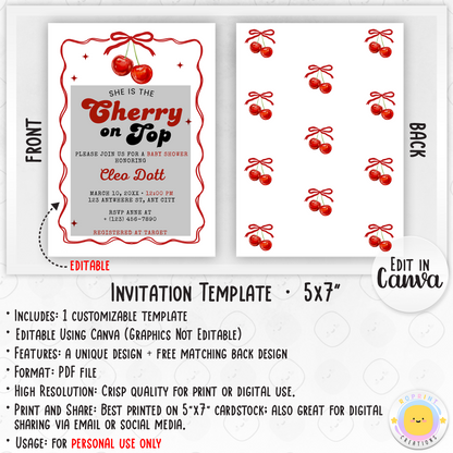 Cherry On Top Baby Shower Invitation - Retro Chery on Top Invite Canva Template info
