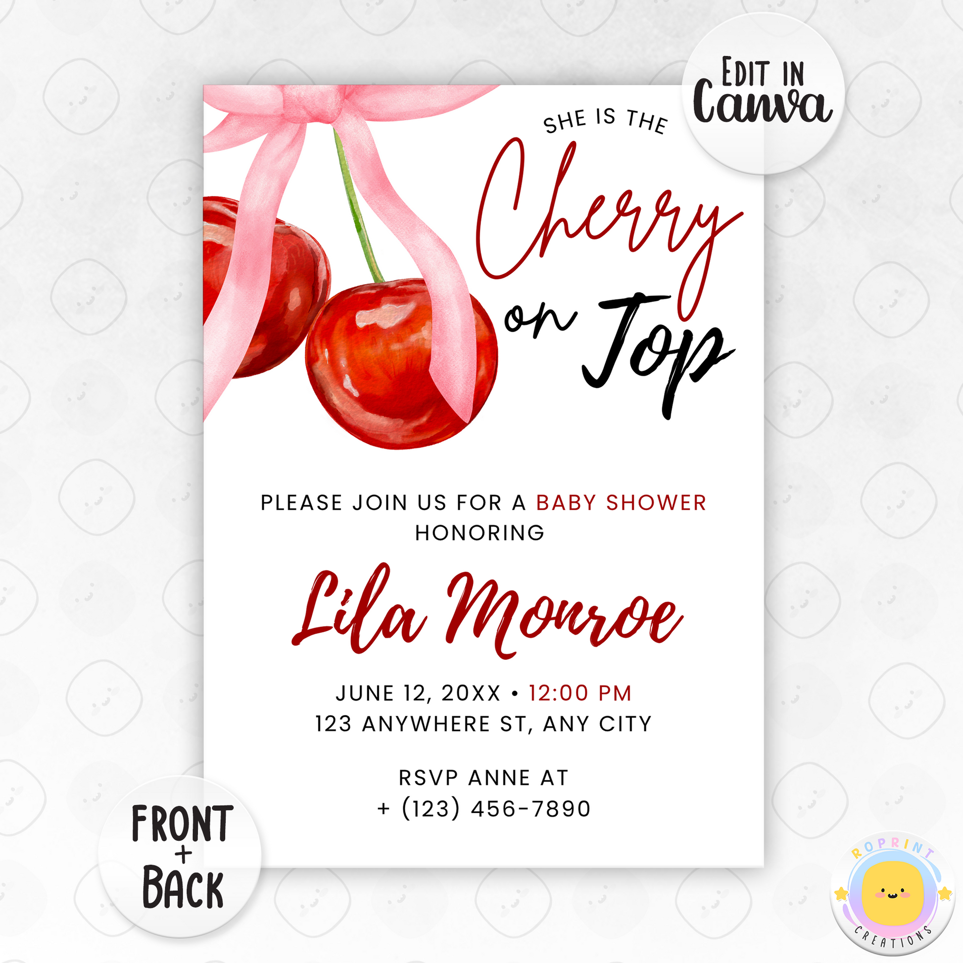 Cherry On Top Baby Shower Invitation - Coquette Cherry on Top Invite canva template