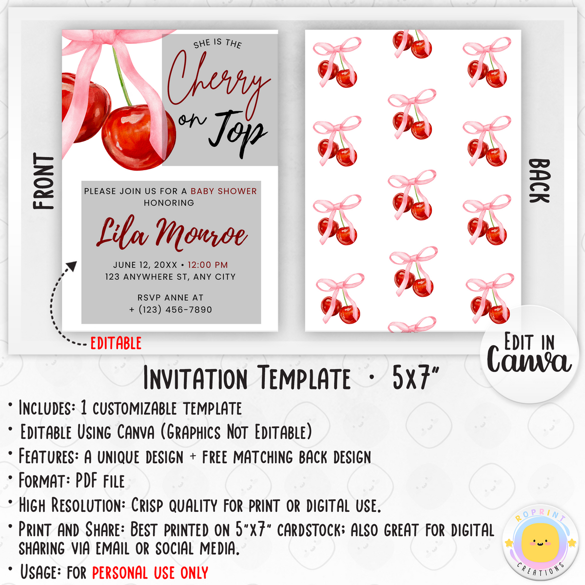 Cherry On Top Baby Shower Invitation - Coquette Cherry on Top Invite canva template info