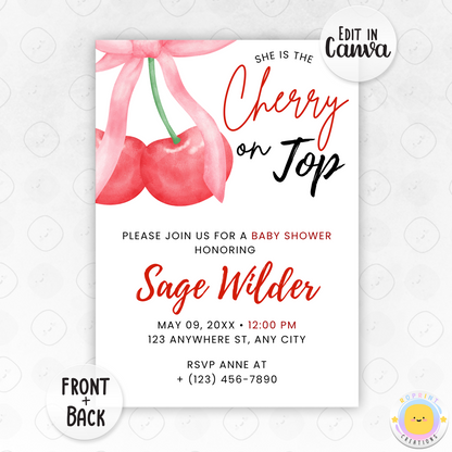 Cherry On Top Coquette Baby Shower Invitation - Cherry on Top Invite Canva Template