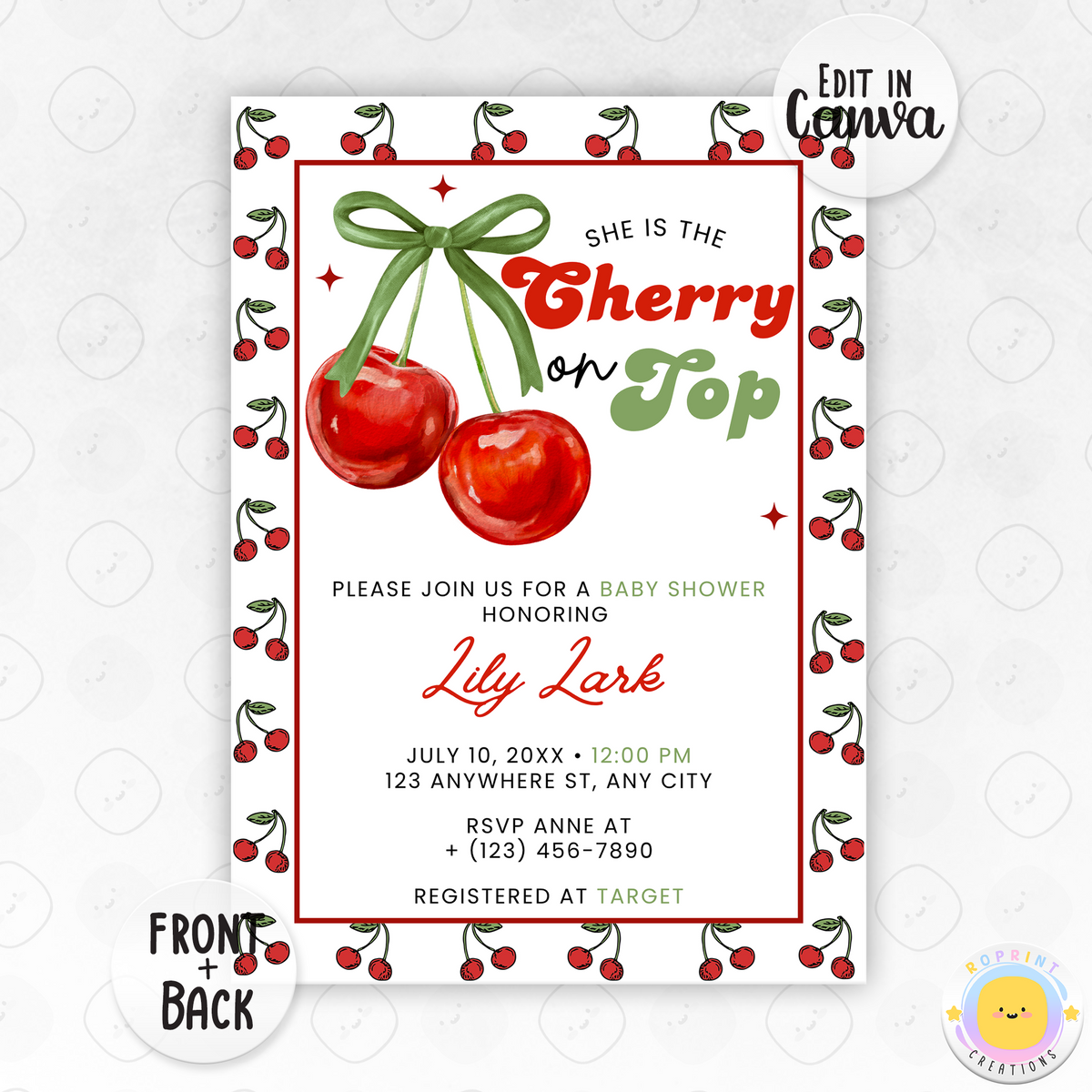 Cherry On Top Retro Baby Shower Invitation - Cherry On Top Invite Canva Template