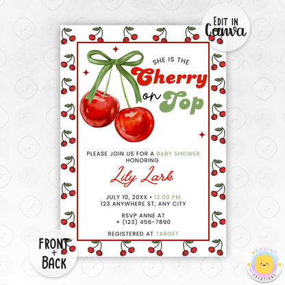 Cherry On Top Retro Baby Shower Invitation - Cherry On Top Invite Canva Template