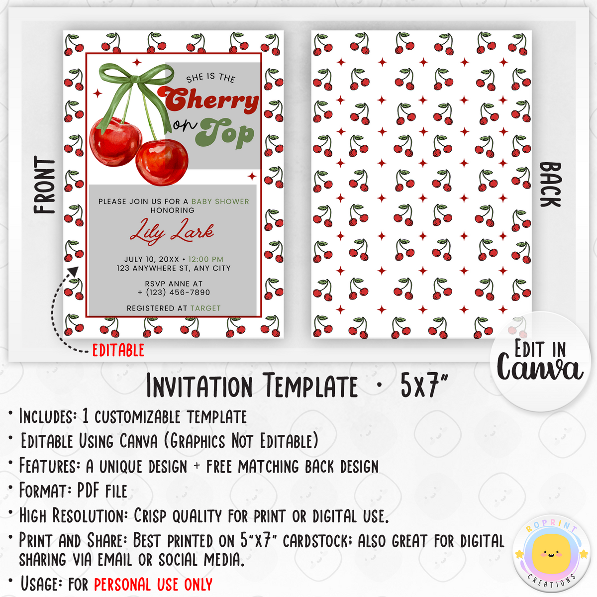 Cherry On Top Retro Baby Shower Invitation - Cherry On Top Invite Canva Template info