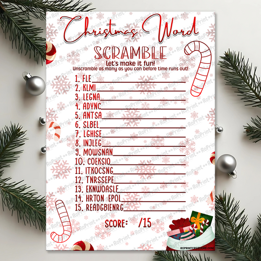 Digital printable Christmas word scramble game, perfect for adding fun to holiday parties and gatherings.