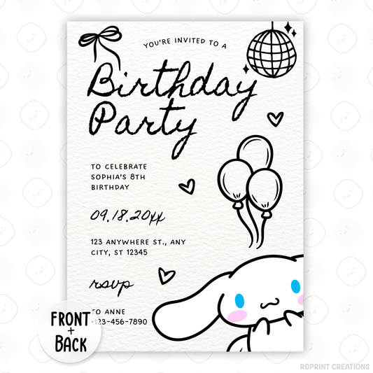 Celebrate with Cinnamoroll! This cute birthday invitation is fully editable in Canva—print at home or share digitally for a fun party surprise. Instant download
