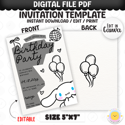 Celebrate with Cinnamoroll! This cute birthday invitation is fully editable in Canva—print at home or share digitally for a fun party surprise. Instant download