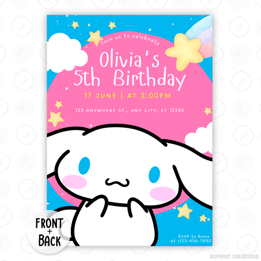 Celebrate with Cinnamoroll! This cute birthday invitation is fully editable in Canva—print at home or share digitally for a fun party surprise. Instant download