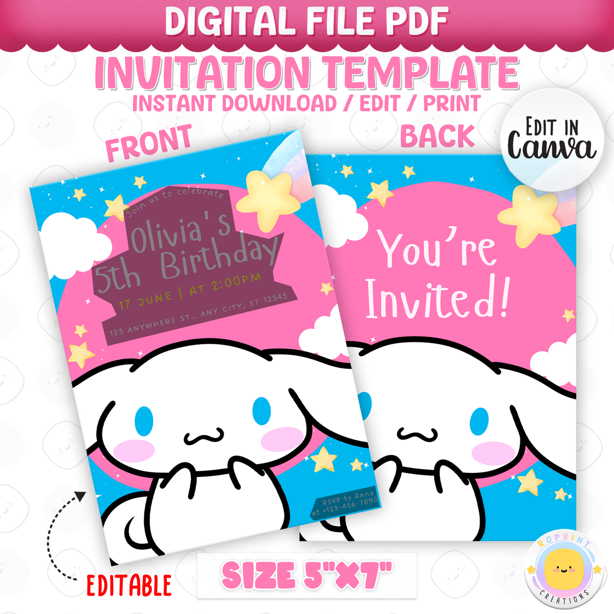 Celebrate with Cinnamoroll! This cute birthday invitation is fully editable in Canva—print at home or share digitally for a fun party surprise. Instant download