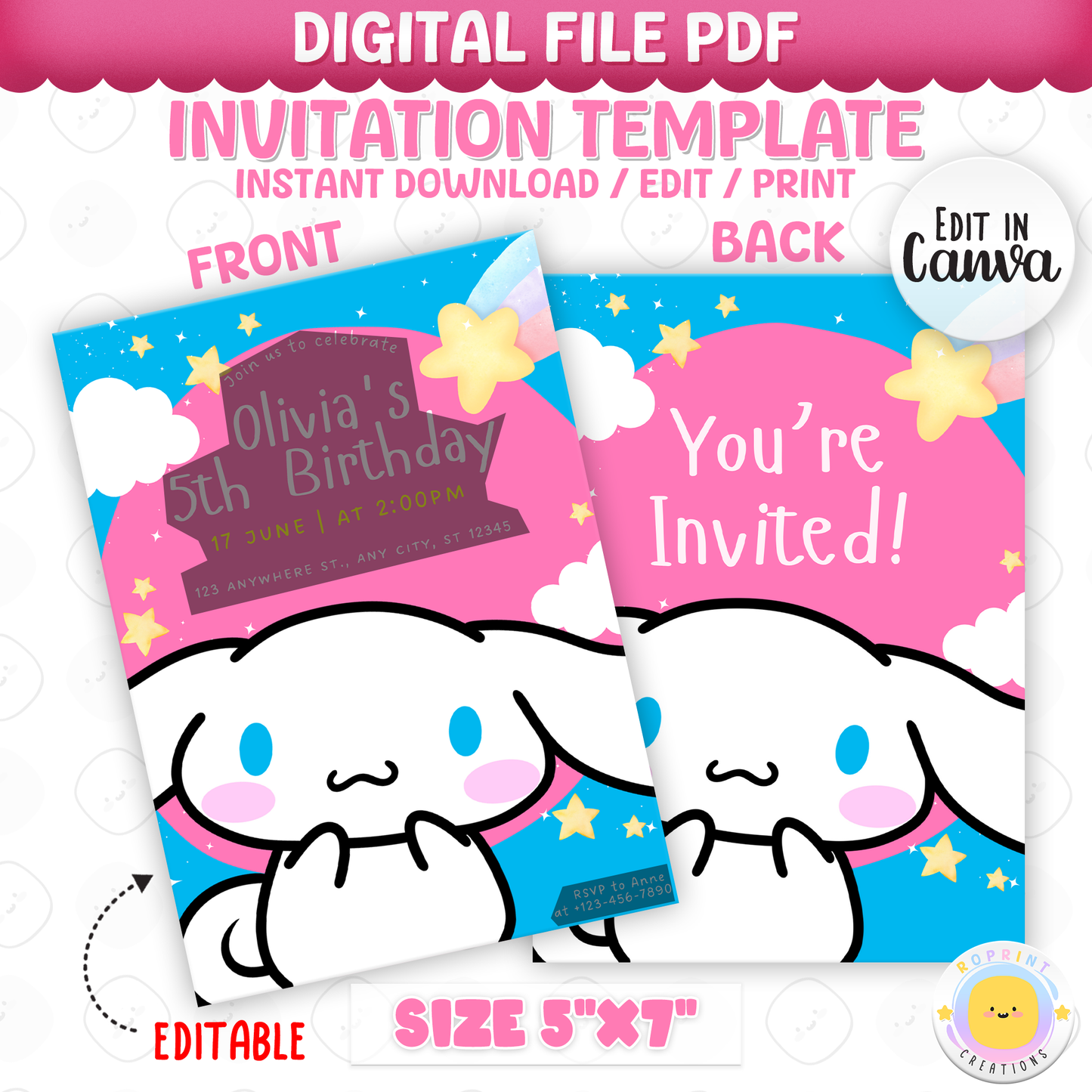Celebrate with Cinnamoroll! This cute birthday invitation is fully editable in Canva—print at home or share digitally for a fun party surprise. Instant download