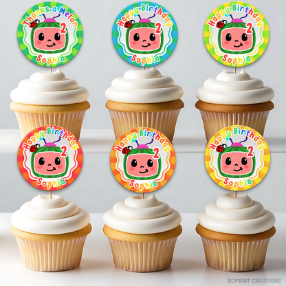 Cocomelon Birthday Cupcake Toppers - Editable Party Topper Template - Instant Download