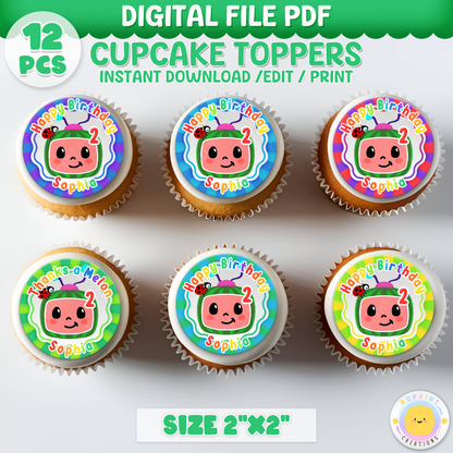 Cocomelon Birthday Cupcake Toppers - Editable Party Topper Template - Instant Download