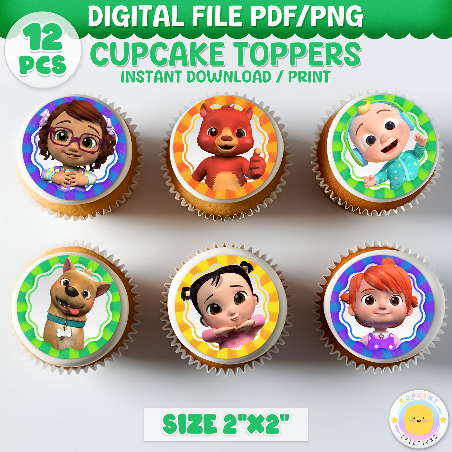 Cocomelon Cupcake Toppers - Cocomelon Birthday Cupcake Toppers
Add a fun touch to your celebration with these Cocomelon Cupcake Toppers! Instantly download, print, and assemble for a unique party decoration. These toppers can also be printed on edible paper or sticker paper to create fun stickers. Digital file only.