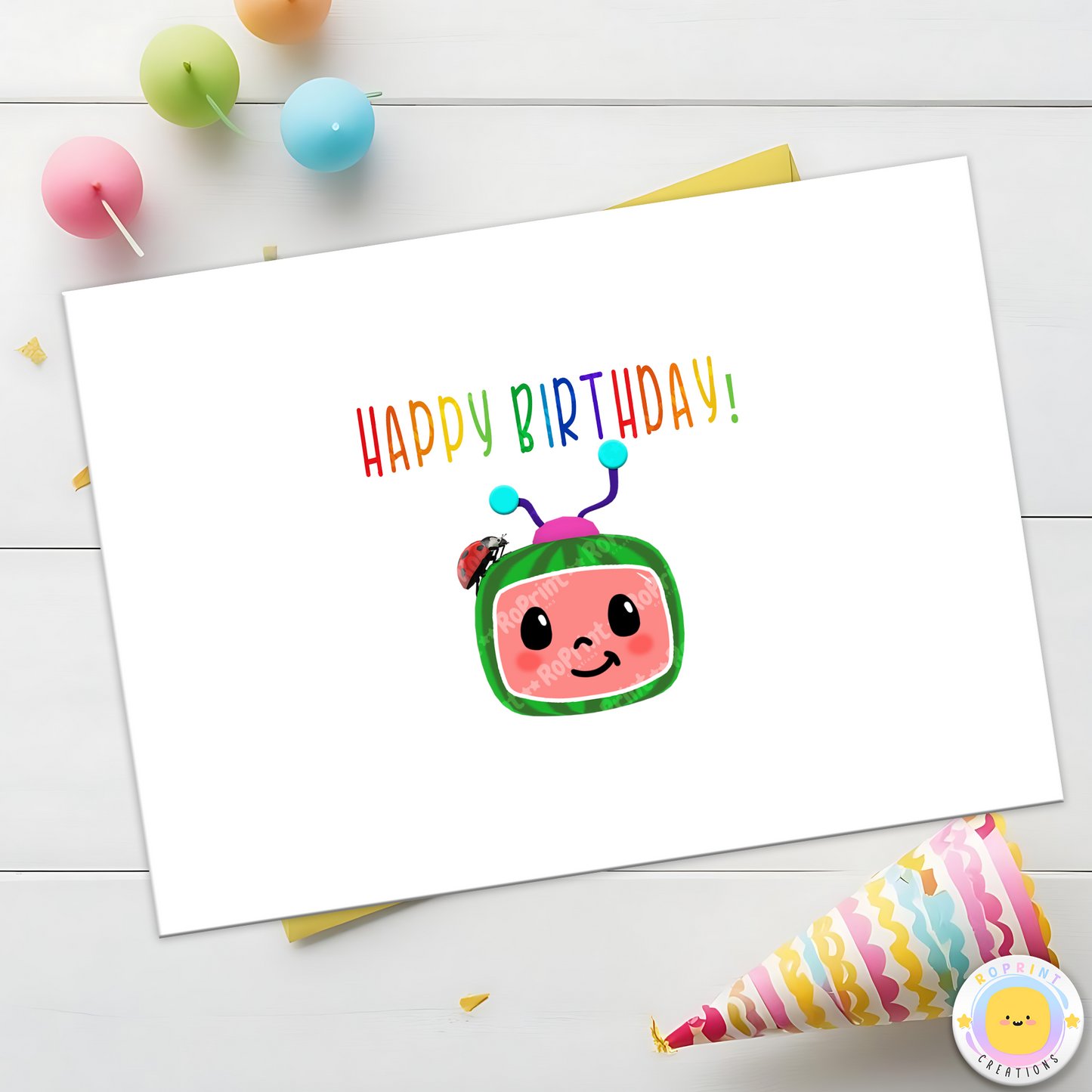 Digital printable greeting card featuring a Cocomelon theme, perfect for kids' celebrations or special occasions.