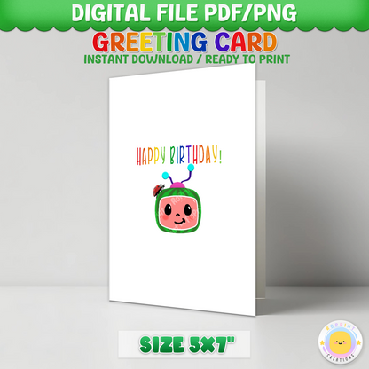 Digital printable greeting card featuring a Cocomelon theme, perfect for kids' celebrations or special occasions.