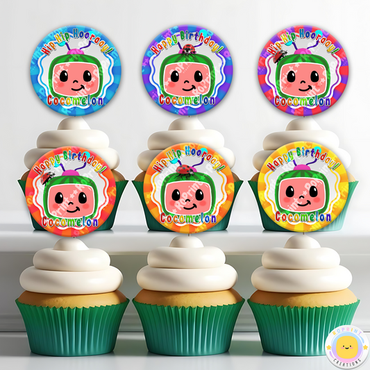 Digital printable Cocomelon inspired cupcake toppers, perfect for kids' party favors and cupcake decorations.