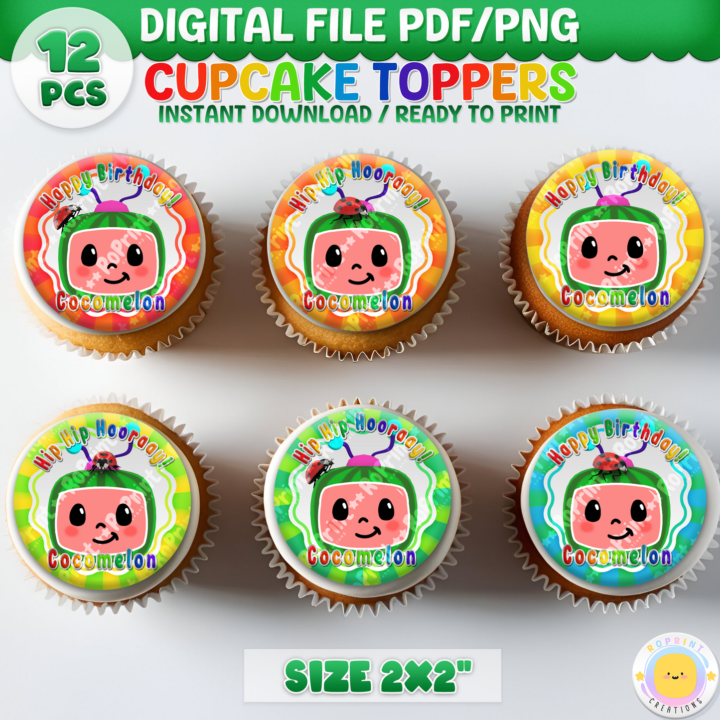 Digital printable Cocomelon inspired cupcake toppers, perfect for kids' party favors and cupcake decorations.