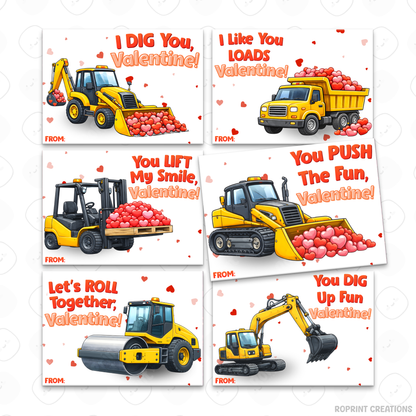 Printable construction Valentine cards for kids, truck-themed classroom Valentine exchange cards