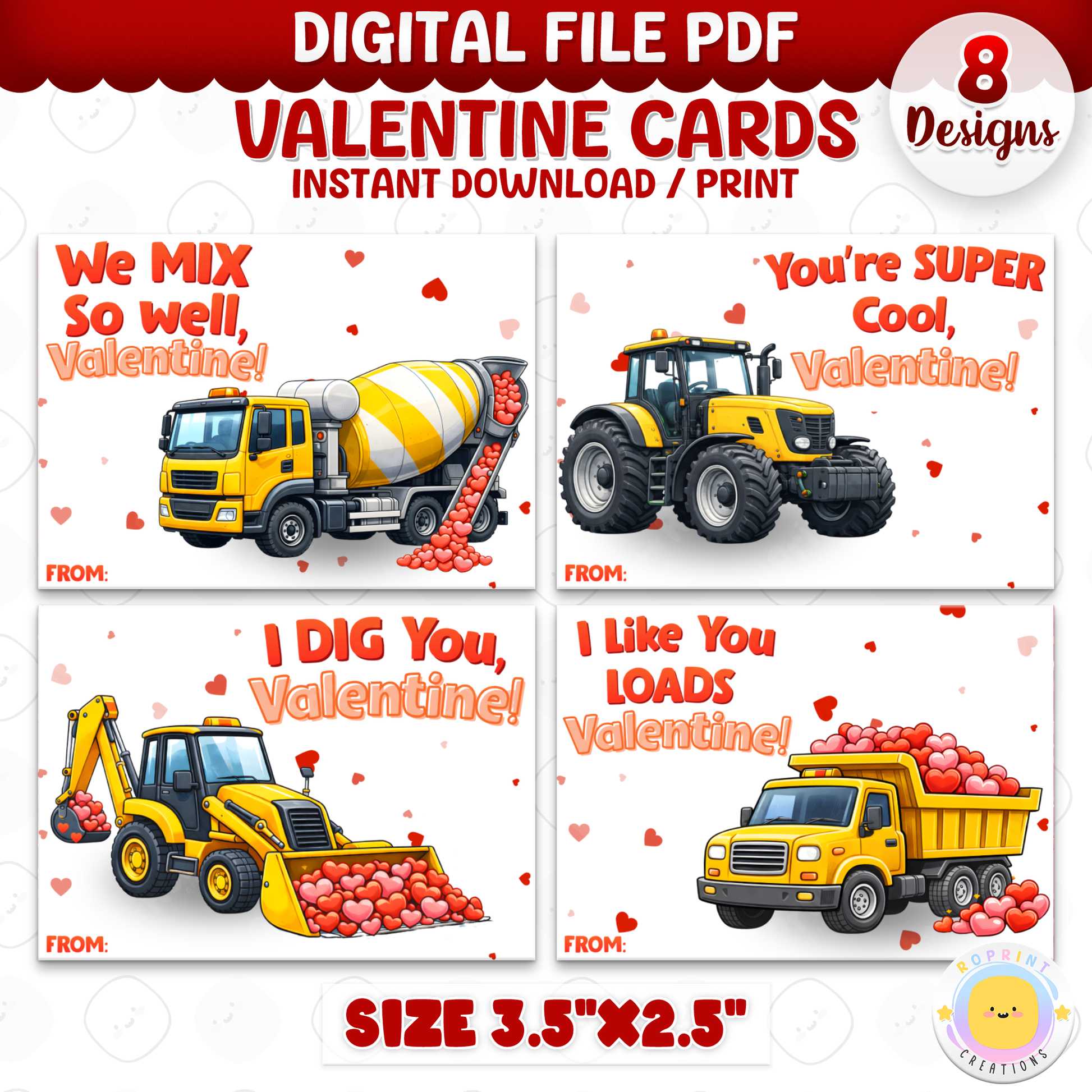 Printable construction Valentine cards for kids, truck-themed classroom Valentine exchange cards