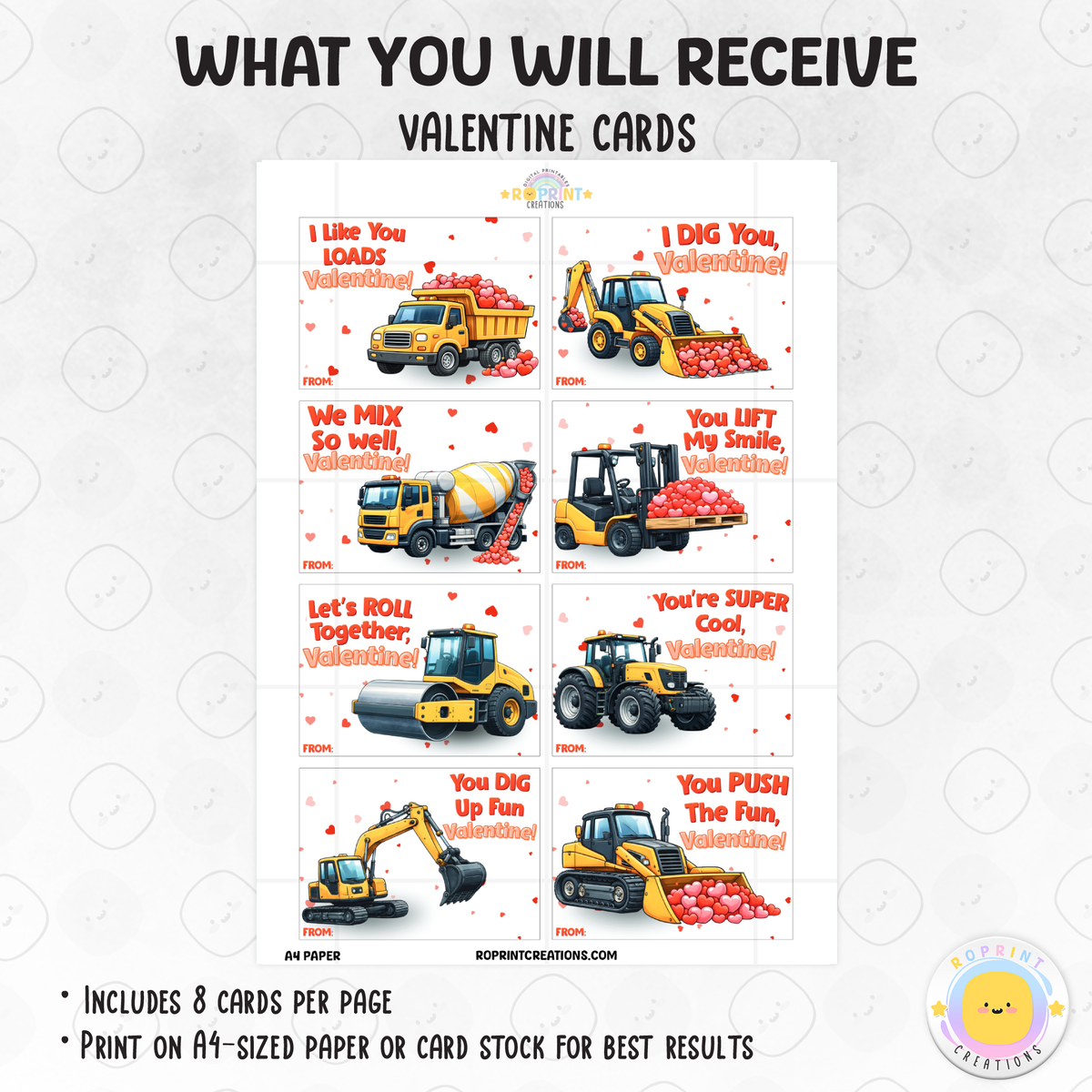 Printable construction Valentine cards for kids, truck-themed classroom Valentine exchange cards