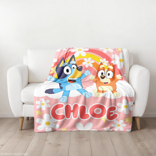 Custom Name Bluey Pink Daisy Blanket, Personalized Bluey Pink Girls Blanket, Gift For Kids
Snuggle up with this personalized Bluey pink daisy blanket, customized with your child’s name — a perfect gift for Bluey-loving girls!