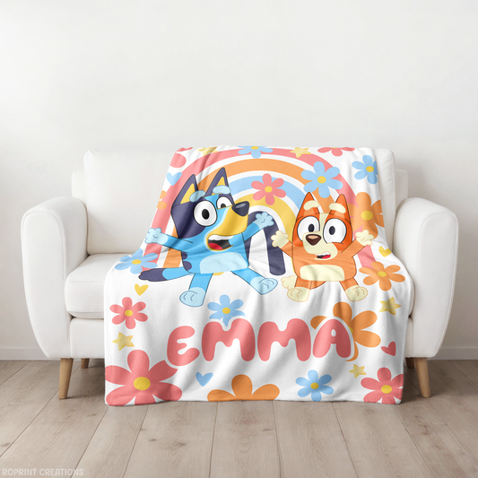 Custom Name Bluey Pink Daisy Blanket, Personalized Bluey Pink Rainbow Blanket, Gift For Kids
Add a personal touch to your child's favorite character with this custom Bluey pink daisy blanket! Featuring their name and a soft rainbow design, it’s the perfect gift for birthdays, holidays, or cozy bedtime snuggles.
