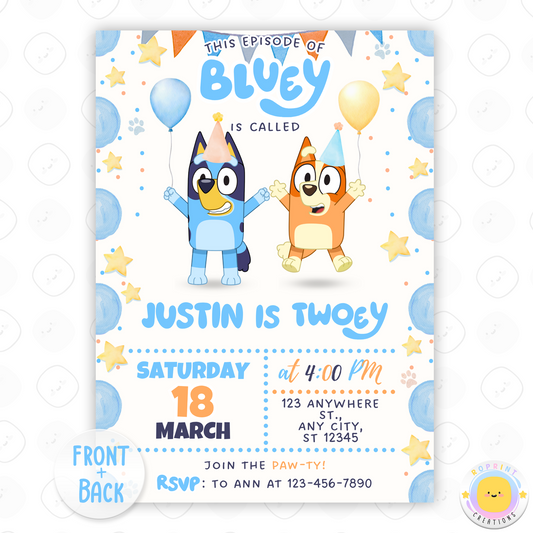 Editable Bluey Birthday Invitation - Bluey TWO-EY Birthday Boy Invitation Canva Template