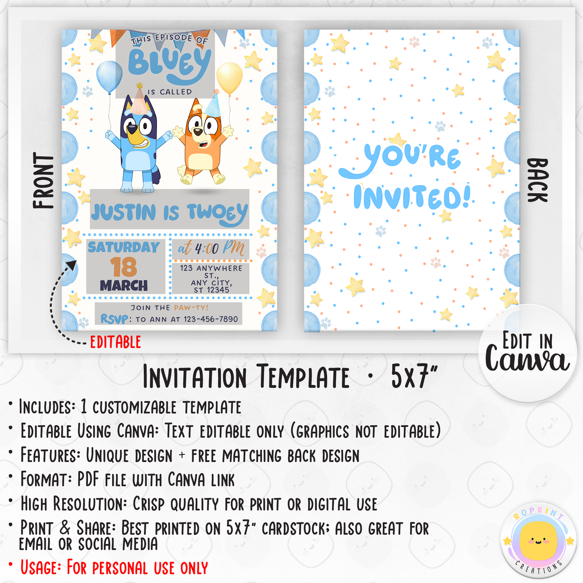 Editable Bluey Birthday Invitation - Bluey TWO-EY Birthday Boy Invitation Template info