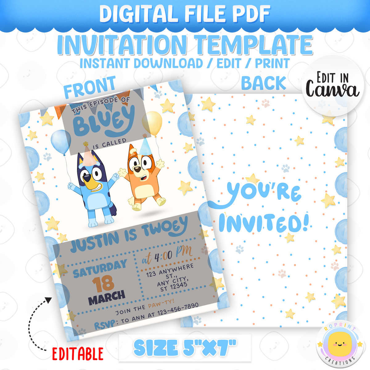 Editable Bluey Birthday Invitation - Bluey TWO-EY Birthday Boy Invitation Canva Template