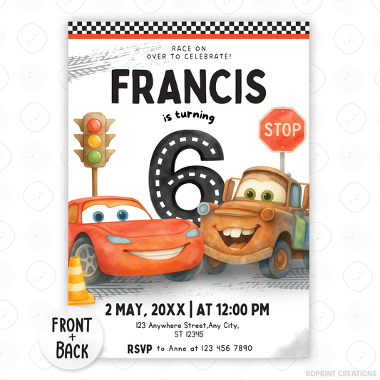 Race on over to celebrate with this Lightning McQueen birthday invitation template! Easily customize your party details in Canva, then print or share digitally with friends and family. Perfect for Cars-themed birthday parties and race car fans!