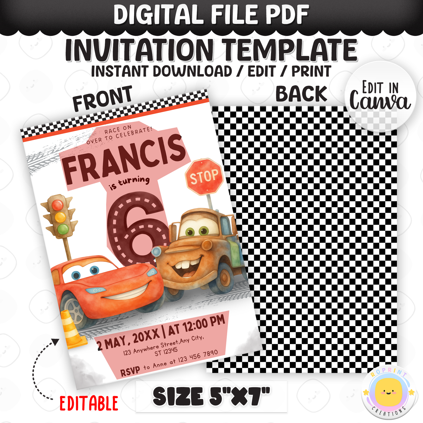 Race on over to celebrate with this Lightning McQueen birthday invitation template! Easily customize your party details in Canva, then print or share digitally with friends and family. Perfect for Cars-themed birthday parties and race car fans!