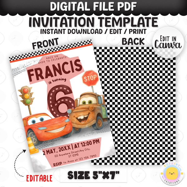 Race on over to celebrate with this Lightning McQueen birthday invitation template! Easily customize your party details in Canva, then print or share digitally with friends and family. Perfect for Cars-themed birthday parties and race car fans!