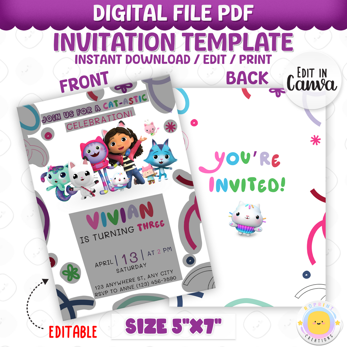 Bring the magic of Gabby’s Dollhouse to your child’s party! Easily edit this cute invitation in Canva and print or share digitally. Instant download