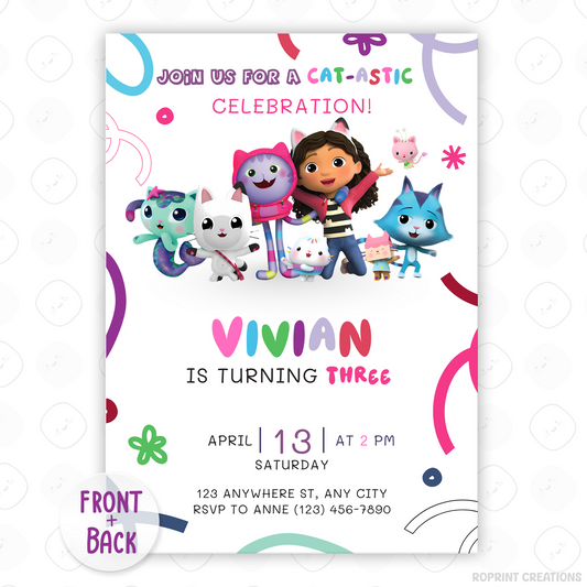 Bring the magic of Gabby’s Dollhouse to your child’s party! Easily edit this cute invitation in Canva and print or share digitally. Instant download