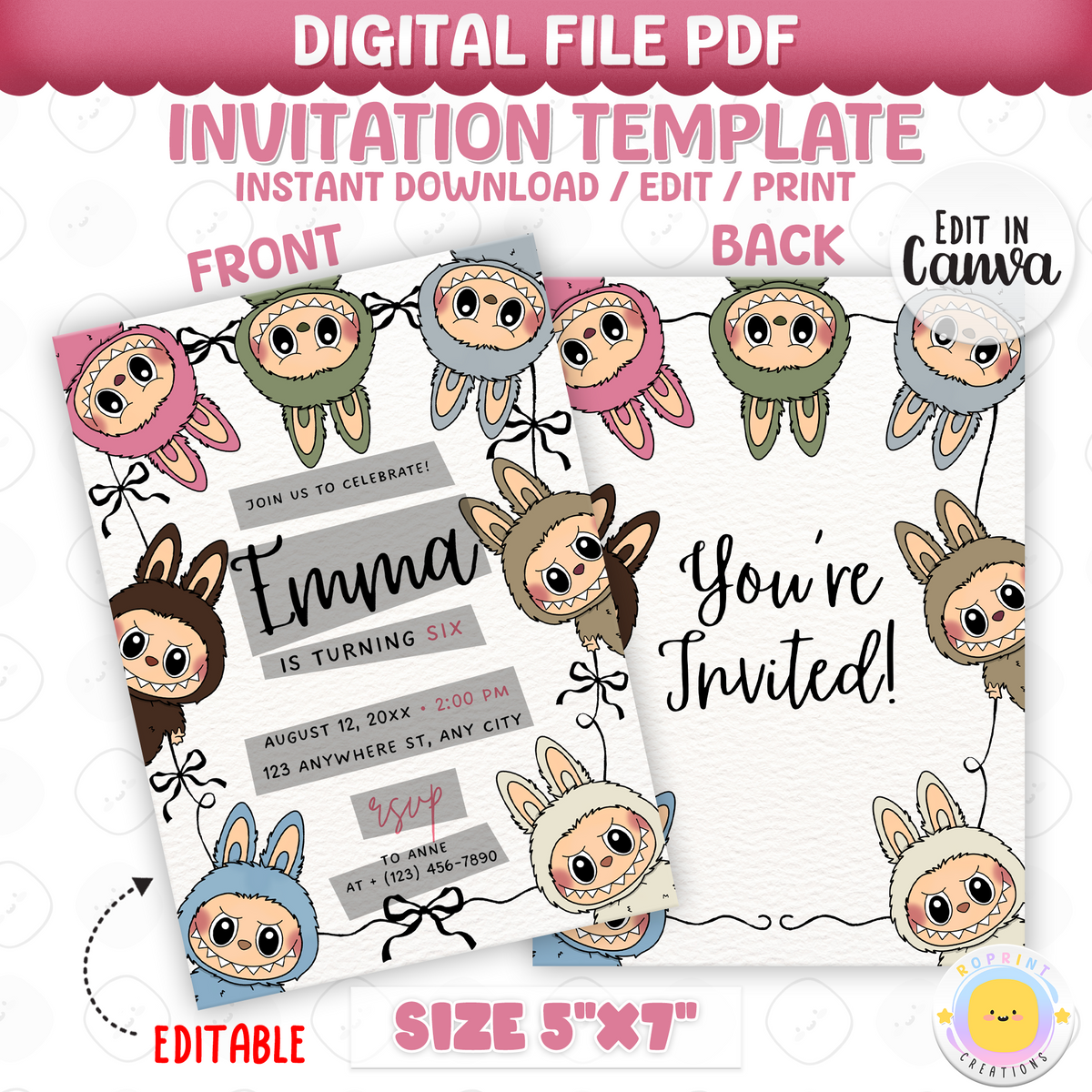 This cute coquette-style Labubu invitation is perfect for a stylish birthday! Edit easily in Canva and print or share digitally. Instant download